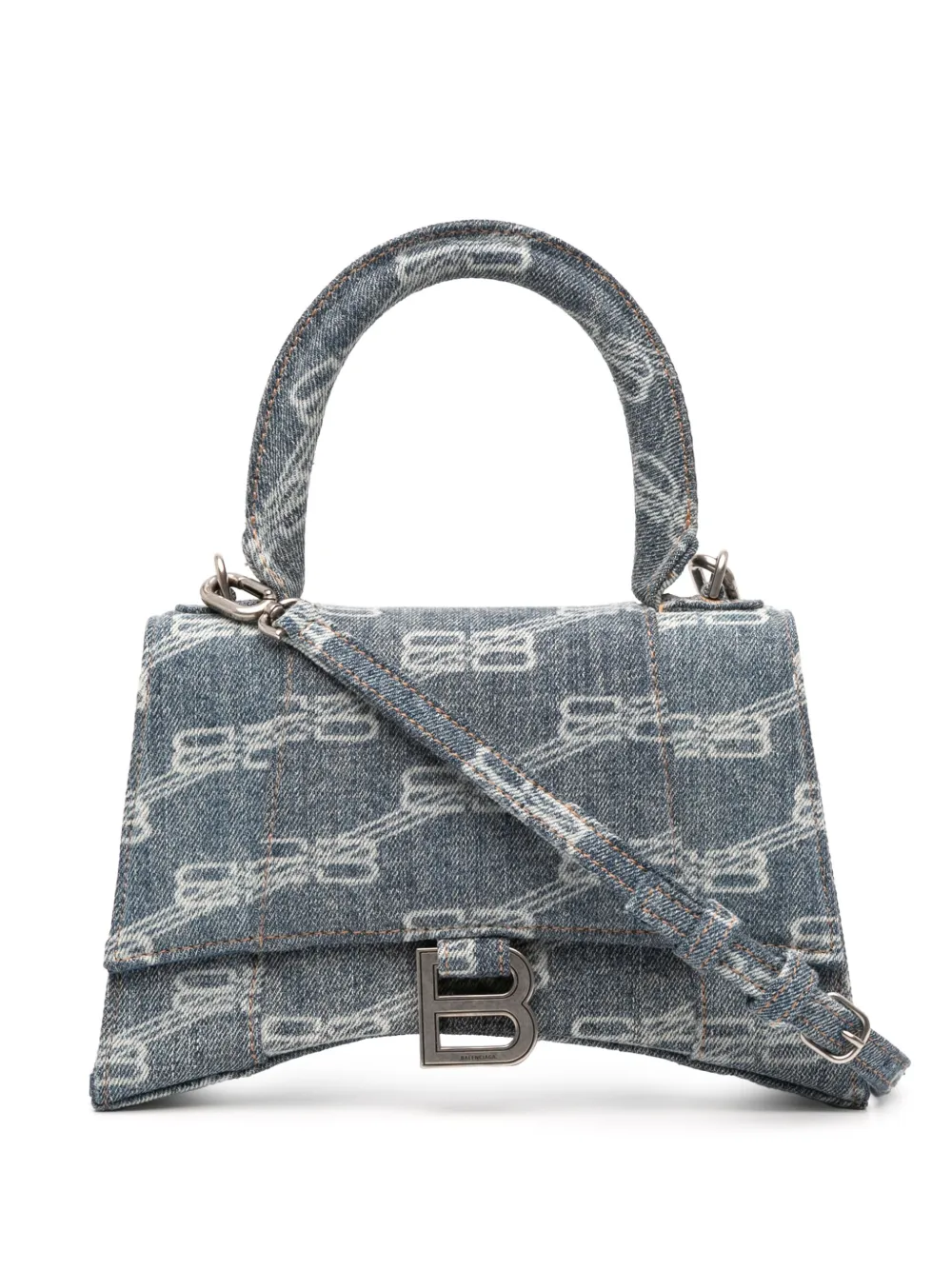 Pre-owned Balenciaga 2022 Small Bb Monogram Denim Hourglass Top Handle Bag Satchel In Blue