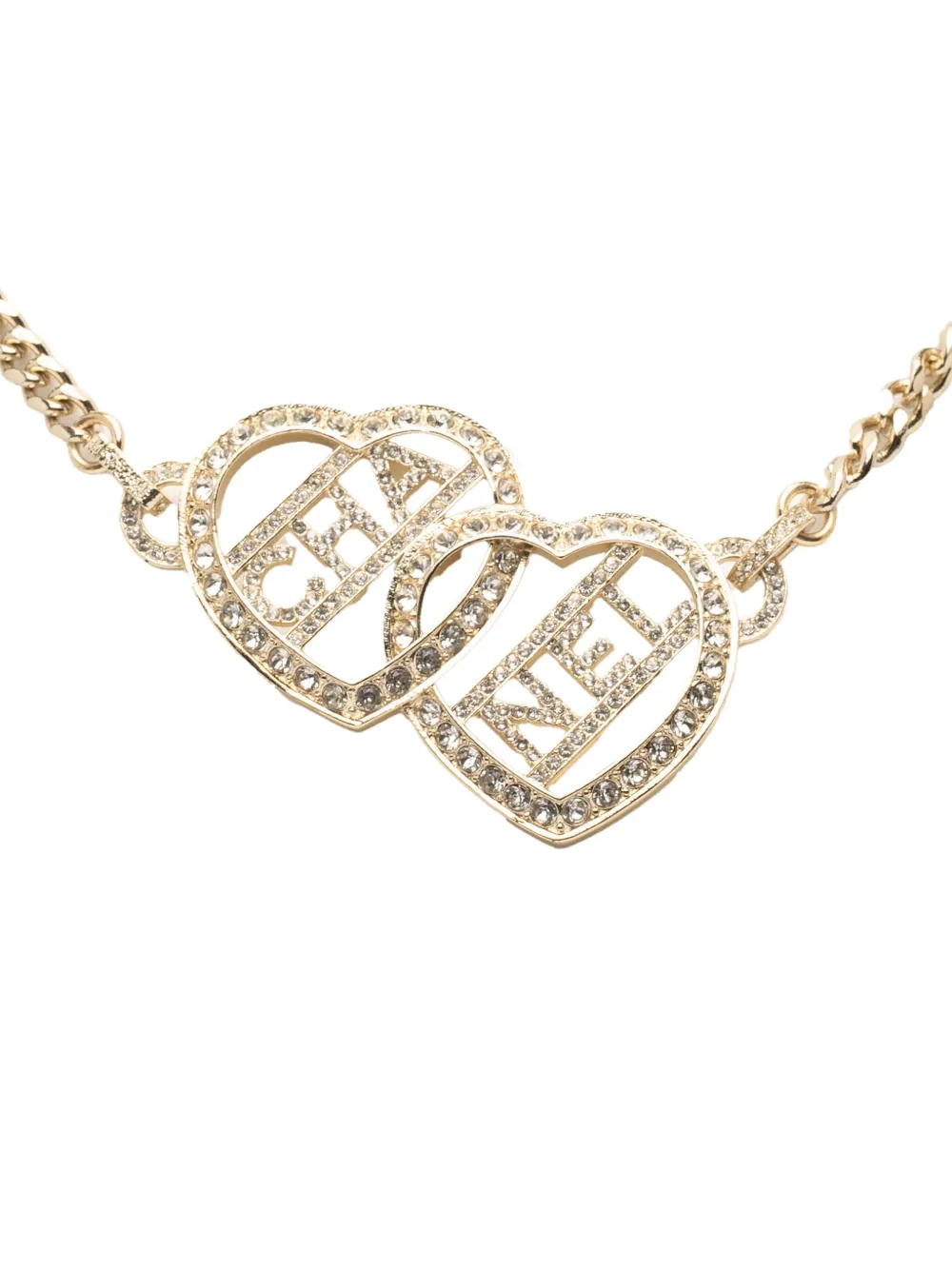 Pre-owned Chanel 2023 Gold Plated Rhinestones Heart Logo Choker Necklace Costume Necklace