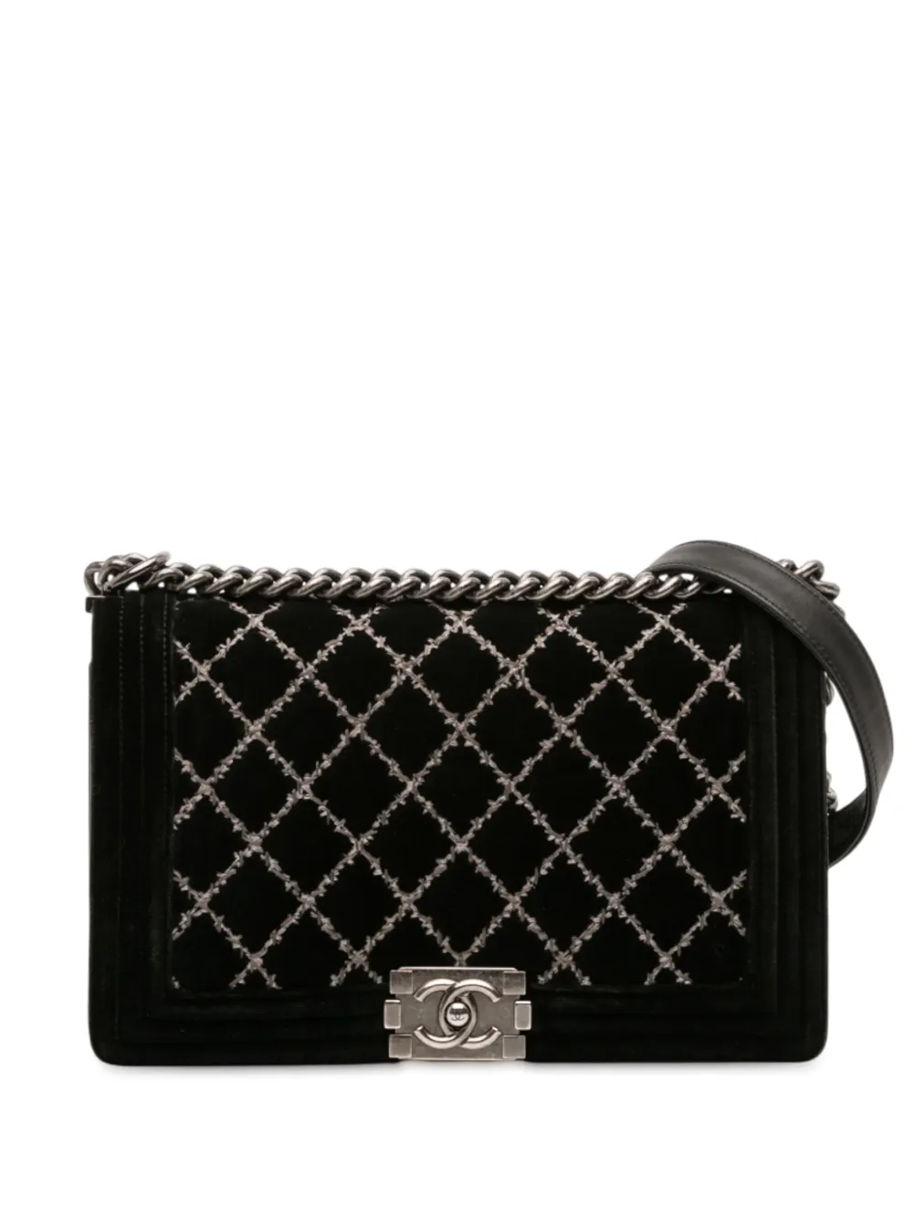 Pre-owned Chanel 2014 Medium Quilted Velvet Wild Stitch Boy Flap Crossbody Bag In Black