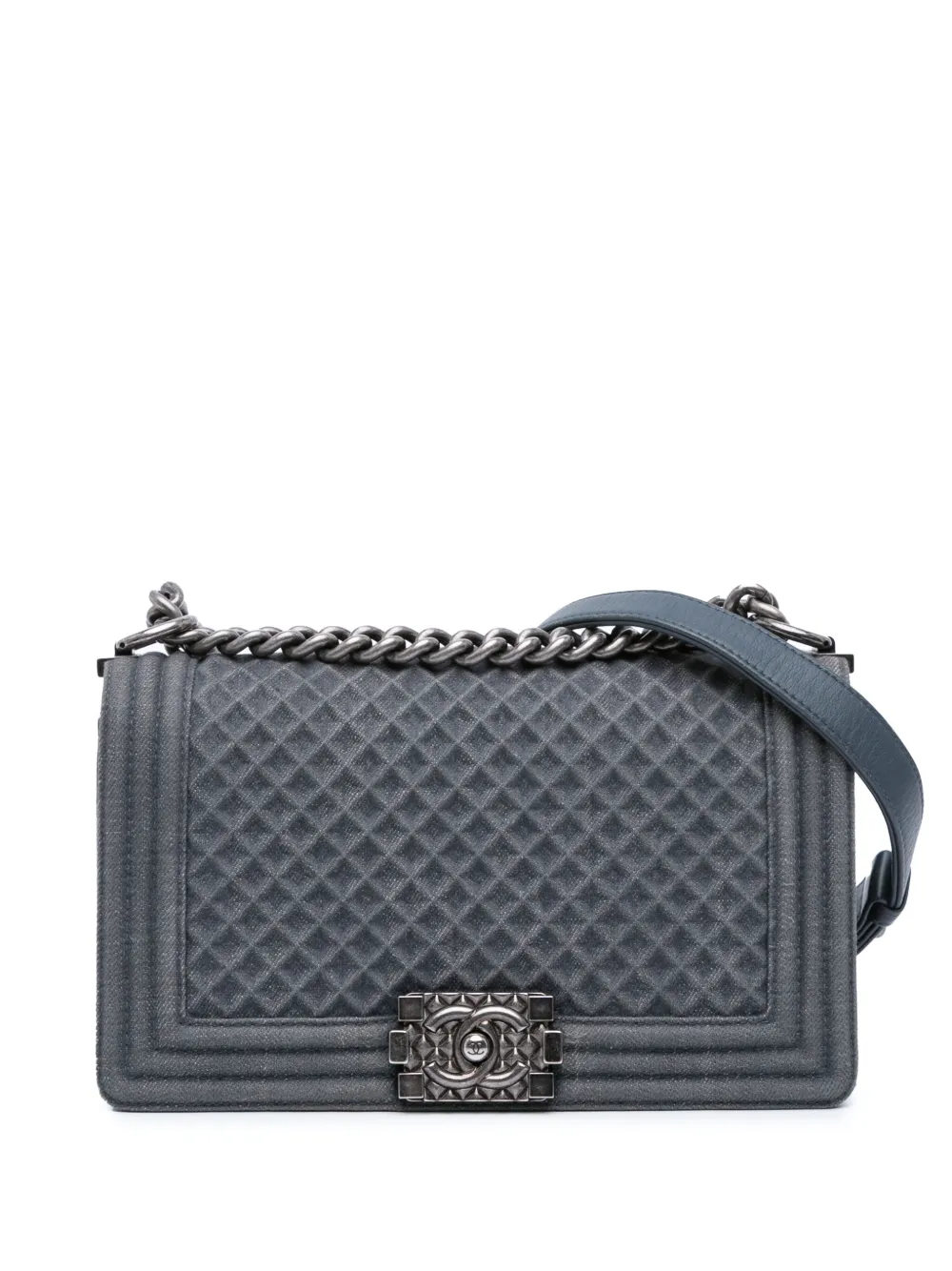 Pre-owned Chanel 2016-2017 Medium Embossed Denim Boy Flap Crossbody Bag In Blue