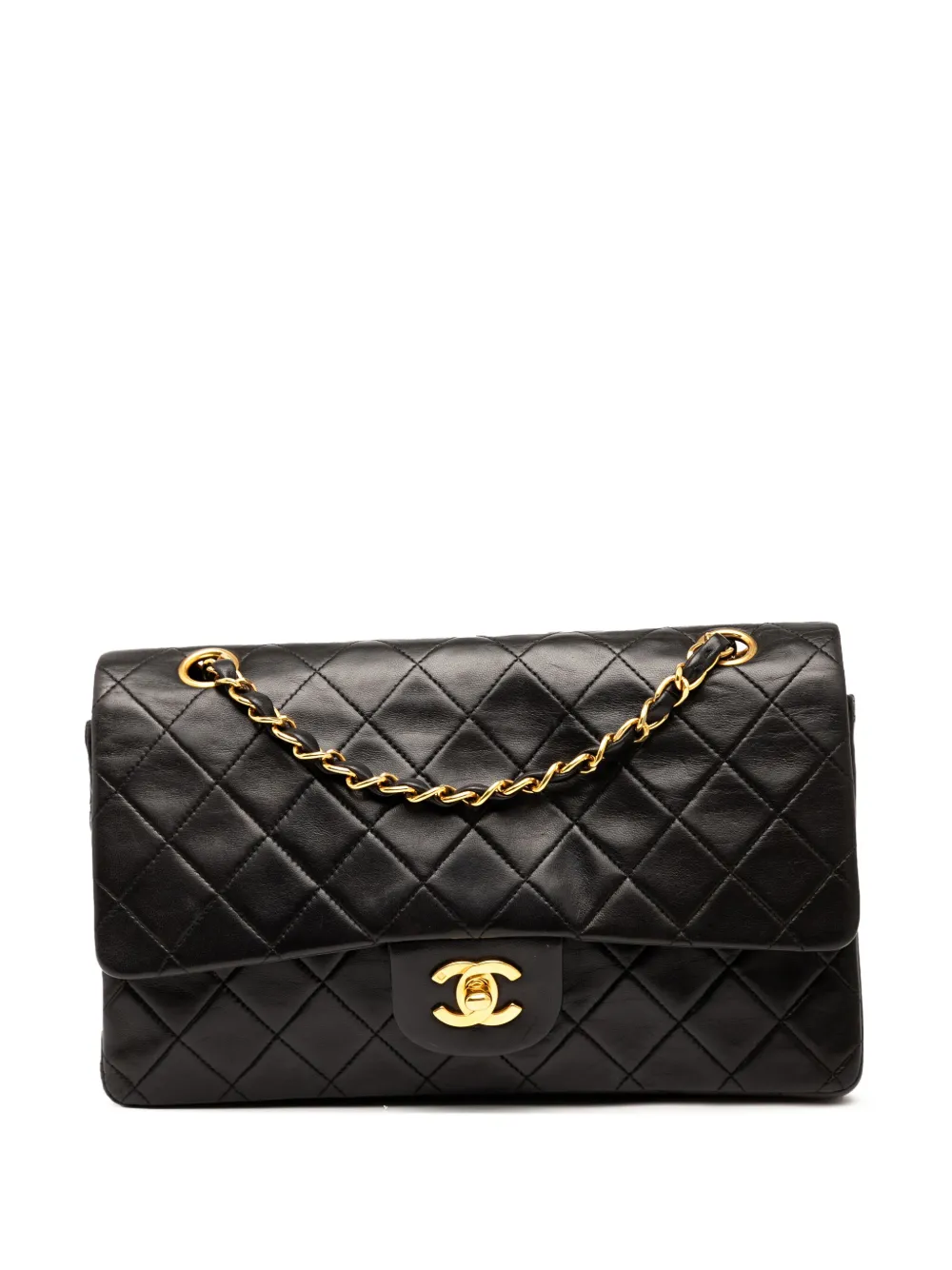 Pre-owned Chanel 1996-1997 Medium Classic Lambskin Double Flap Shoulder Bag In Black