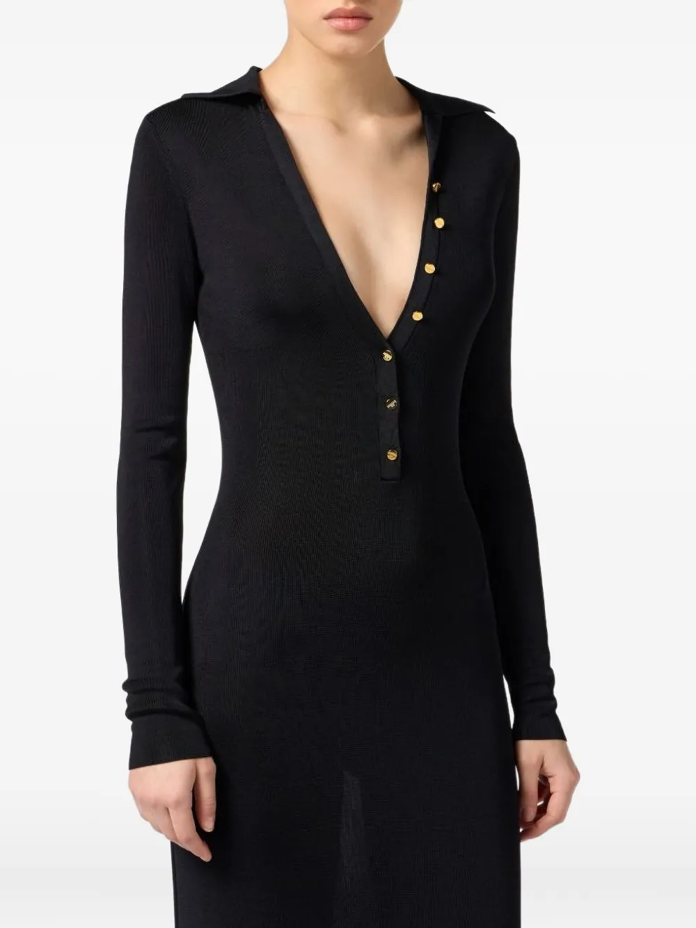 Elisabetta Franchi Maxi-jurk verfraaid met knopen en V-hals Zwart