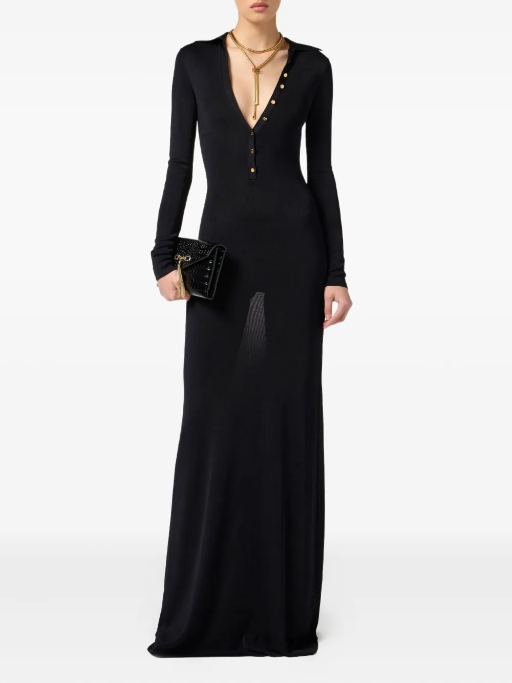 Elisabetta Franchi button-embellishment V-neck maxi dress - Zwart