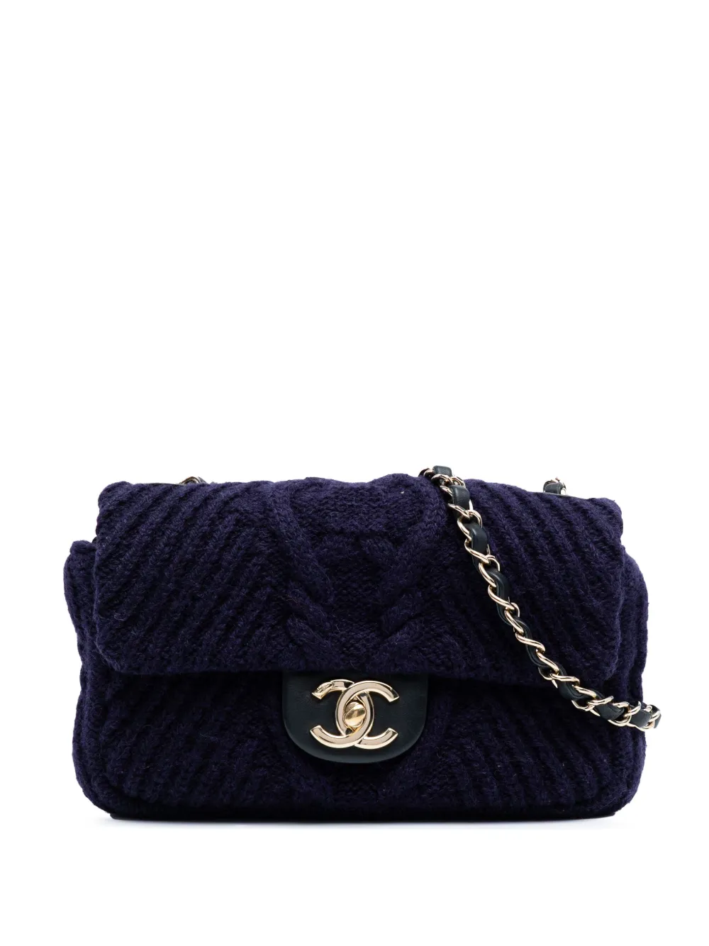 Pre-owned Chanel 2018 Small Paris Hamburg Cable Knit Flap Shoulder Bag In Blue