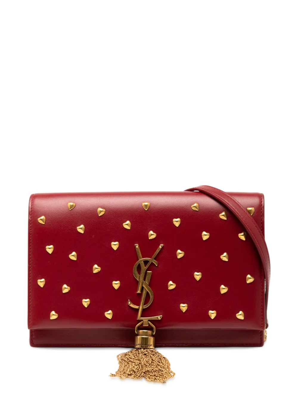 Pre-owned Saint Laurent 2021 Calfskin Heart Studded Classic Monogram Kate Tassel Wallet On Chain Crossbody Bag In Red