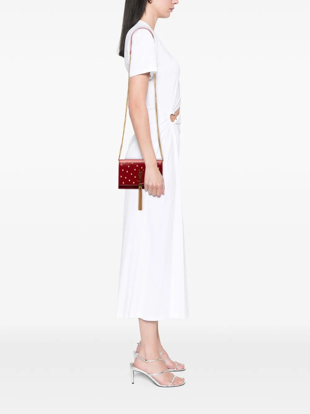 Pre-owned Saint Laurent 2021 Calfskin Heart Studded Classic Monogram Kate Tassel Wallet On Chain Crossbody Bag In Red