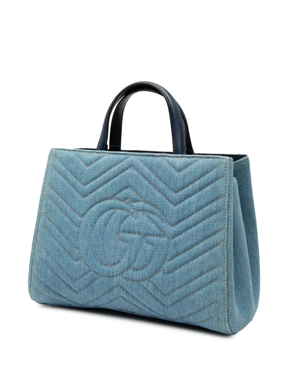 Pre-owned Gucci 2016-2025 Small Gg Marmont Matelasse Denim Pearly Satchel In Blue