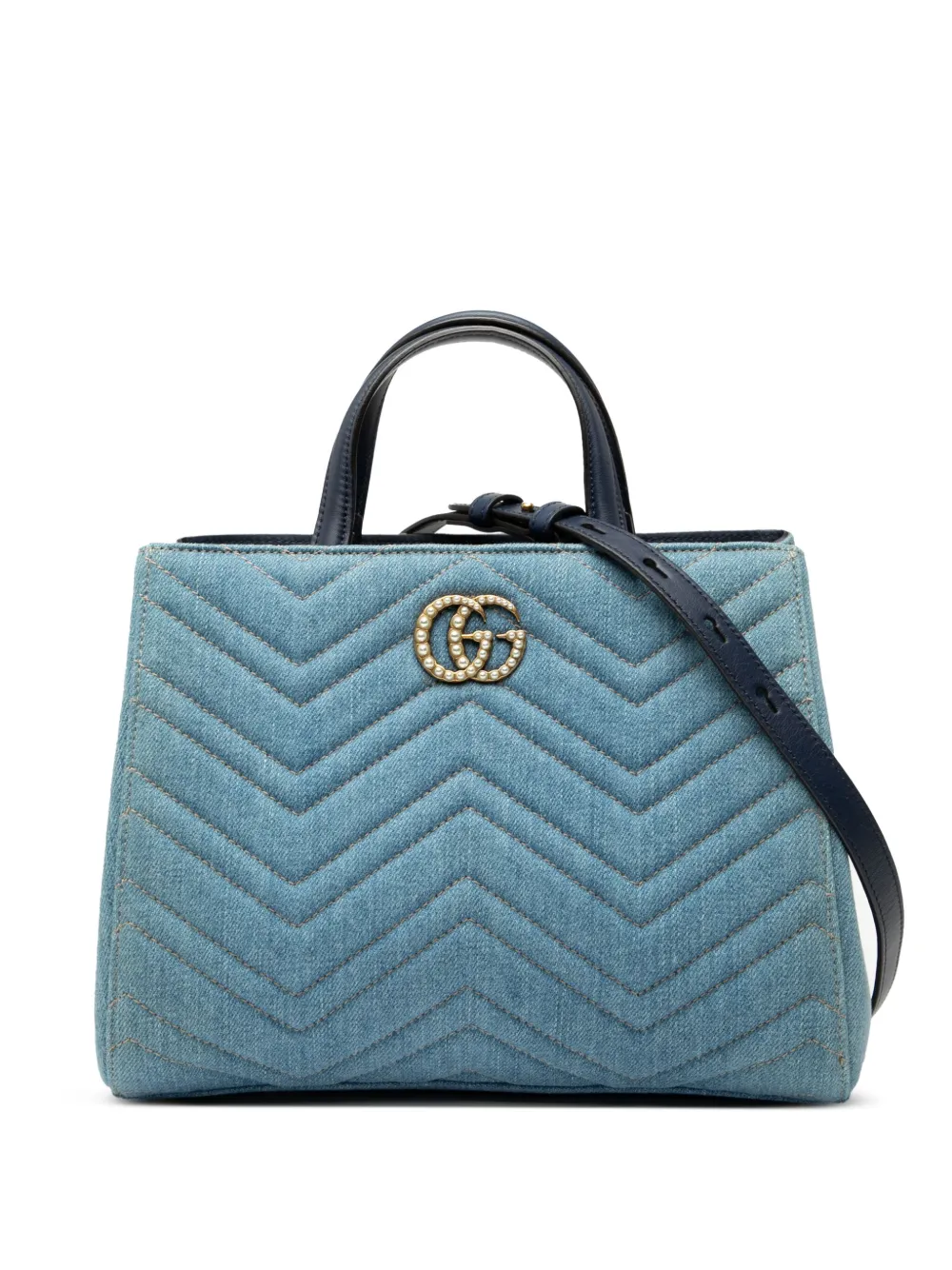 Pre-owned Gucci 2016-2025 Small Gg Marmont Matelasse Denim Pearly Satchel In Blue