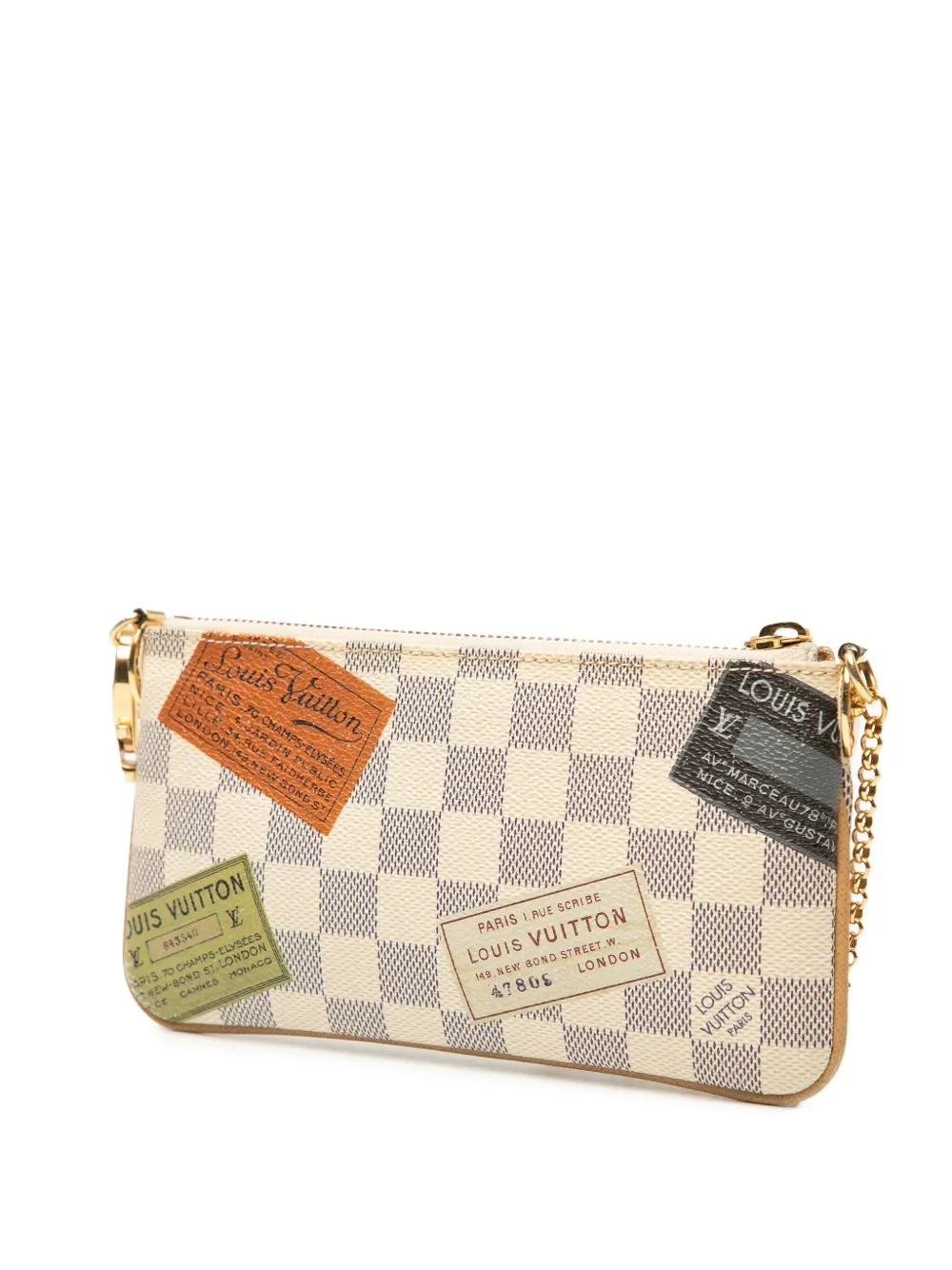 Pre-owned Louis Vuitton 2009 Damier Azur Pochette Milla Trunks Labels Mm Shoulder Bag In White