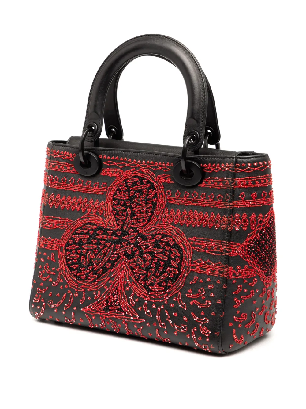 Pre-owned Dior 2018 Medium Smooth Calfskin Embroidered Heart Playing Cards Lady Satchel In Black