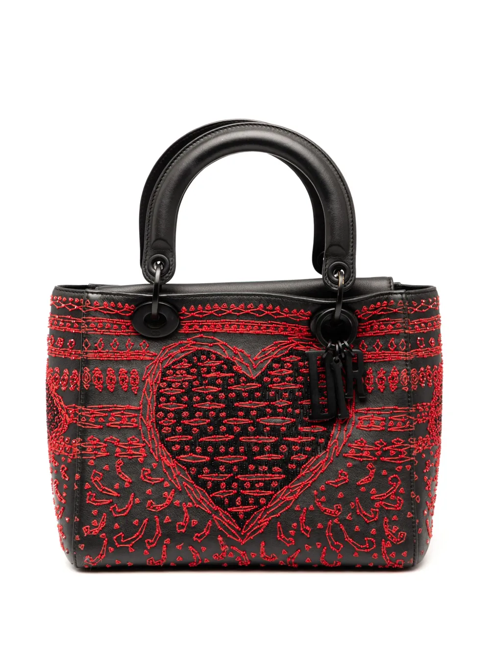 Pre-owned Dior 2018 Medium Smooth Calfskin Embroidered Heart Playing Cards Lady Satchel In Black