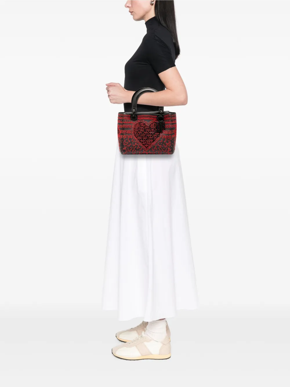 Pre-owned Dior 2018 Medium Smooth Calfskin Embroidered Heart Playing Cards Lady Satchel In Black
