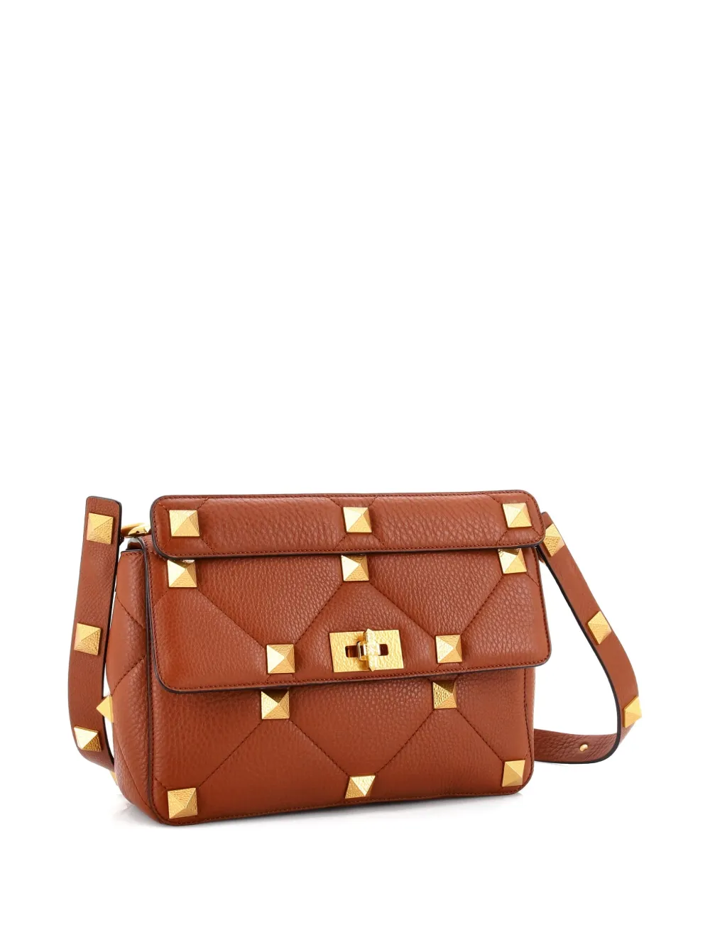Pre-owned Valentino Garavani Roman Stud Flap Bag Quilted Leather Large Crossbody Bag In Brown