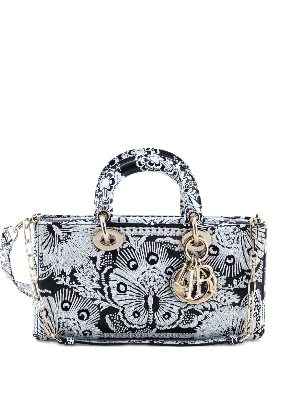 Pre-owned Dior Lady D-joy Bag Printed Leather And Beaded Embroidery Medium Shoulder Bag In Black
