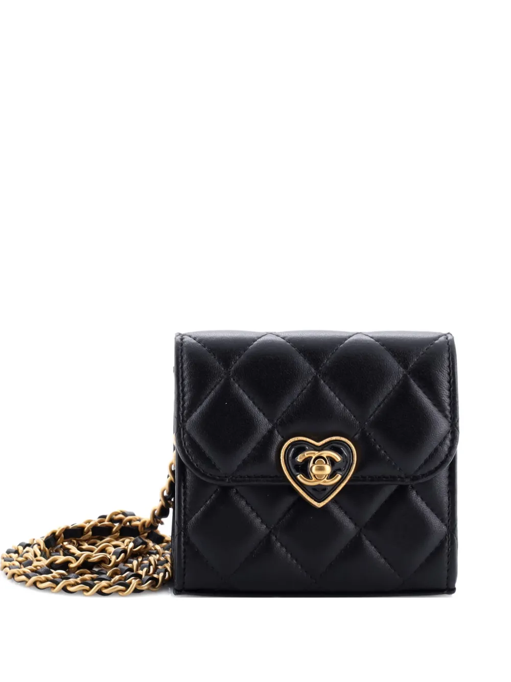 Pre-owned Chanel Coco Love Cc Heart Clutch With Chain Quilted Lambskin Mini Crossbody Bag In Black