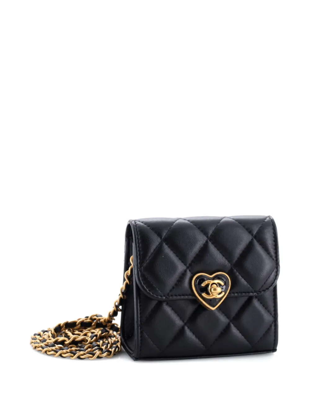 Pre-owned Chanel Coco Love Cc Heart Clutch With Chain Quilted Lambskin Mini Crossbody Bag In Black