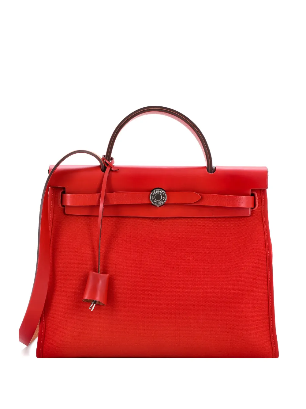Pre-owned Hermes Herbag Zip Leather And Toile 31 Shoulder Bag In Red