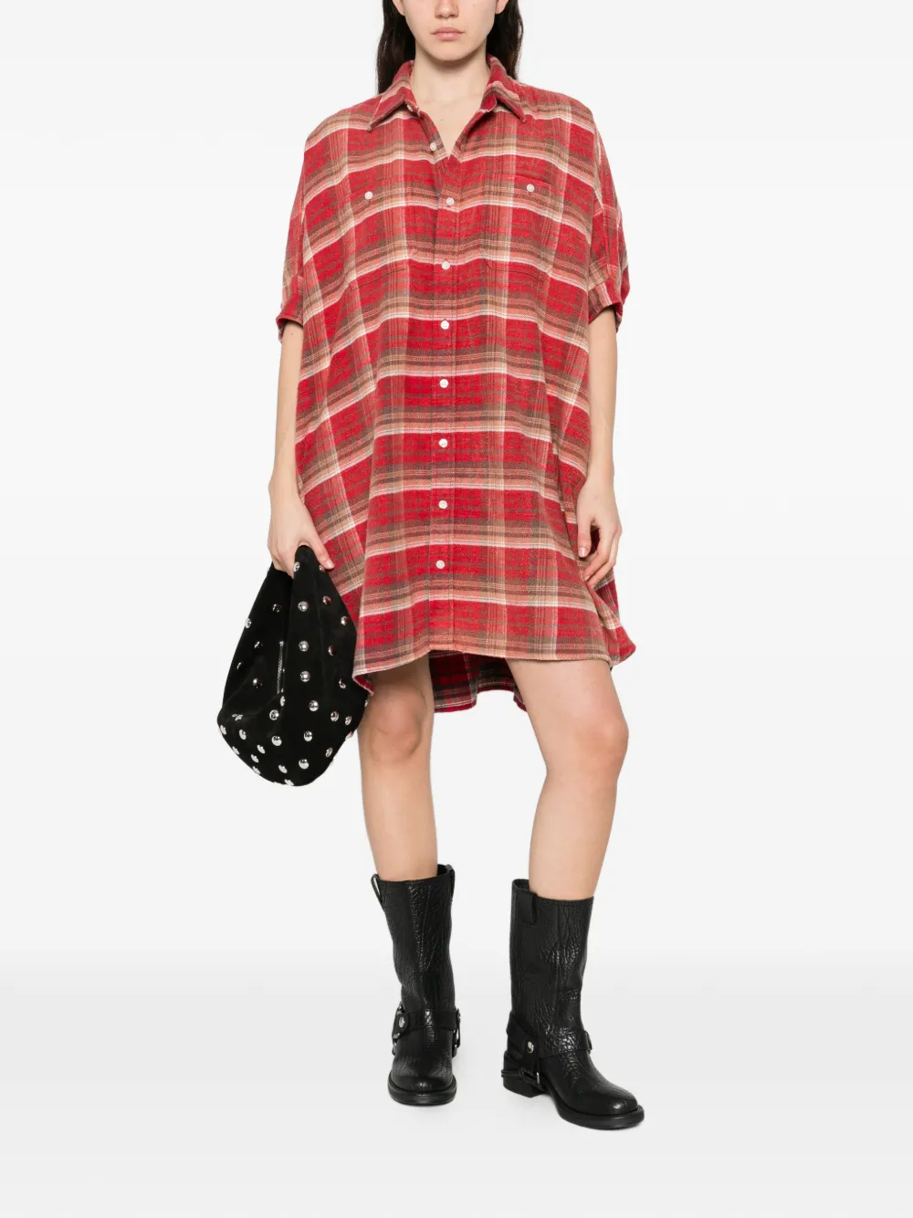  R13 Plaid Mini Shirt Dress - Red 