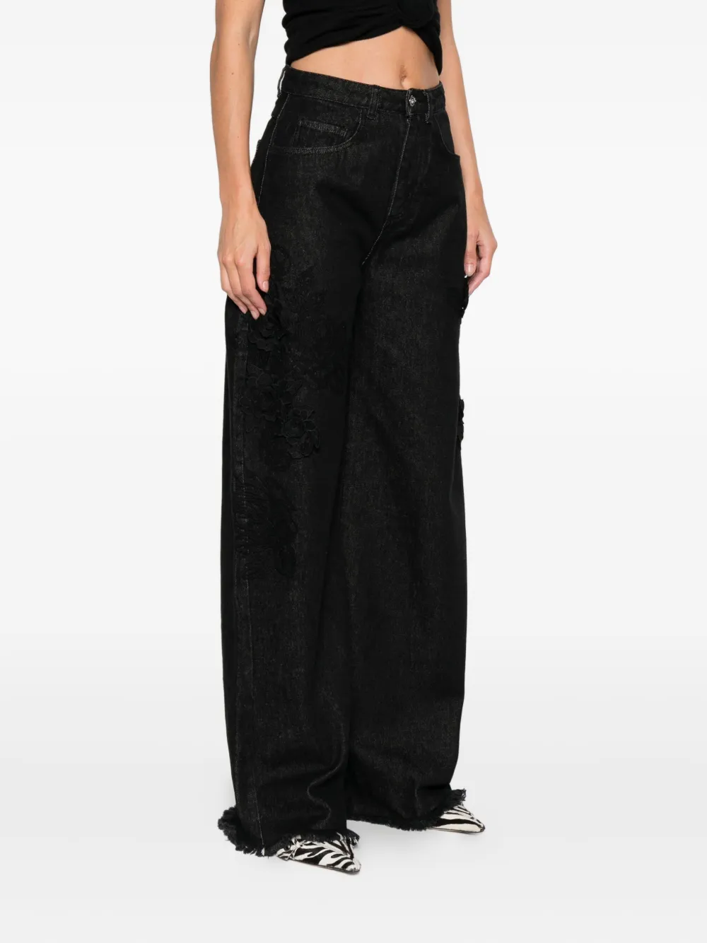 Marques' Almeida Floral-appliqué Frayed Jeans In Black