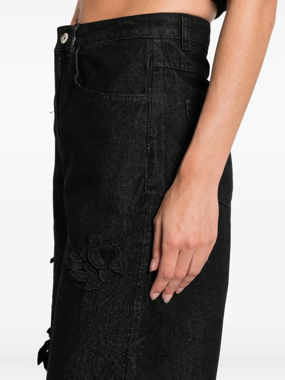 Marques' Almeida Floral-appliqué Frayed Jeans In Black