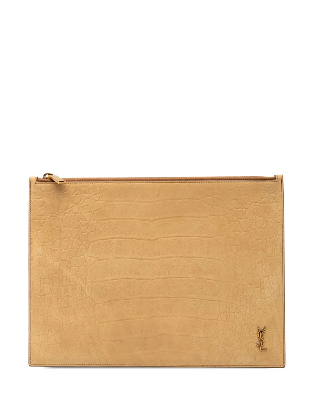 Saint Laurent Pre-Owned 2020 Croc Embossed Leather Tiny Monogram Zipped Tablet Holder clutch bag | Brown | Image 1