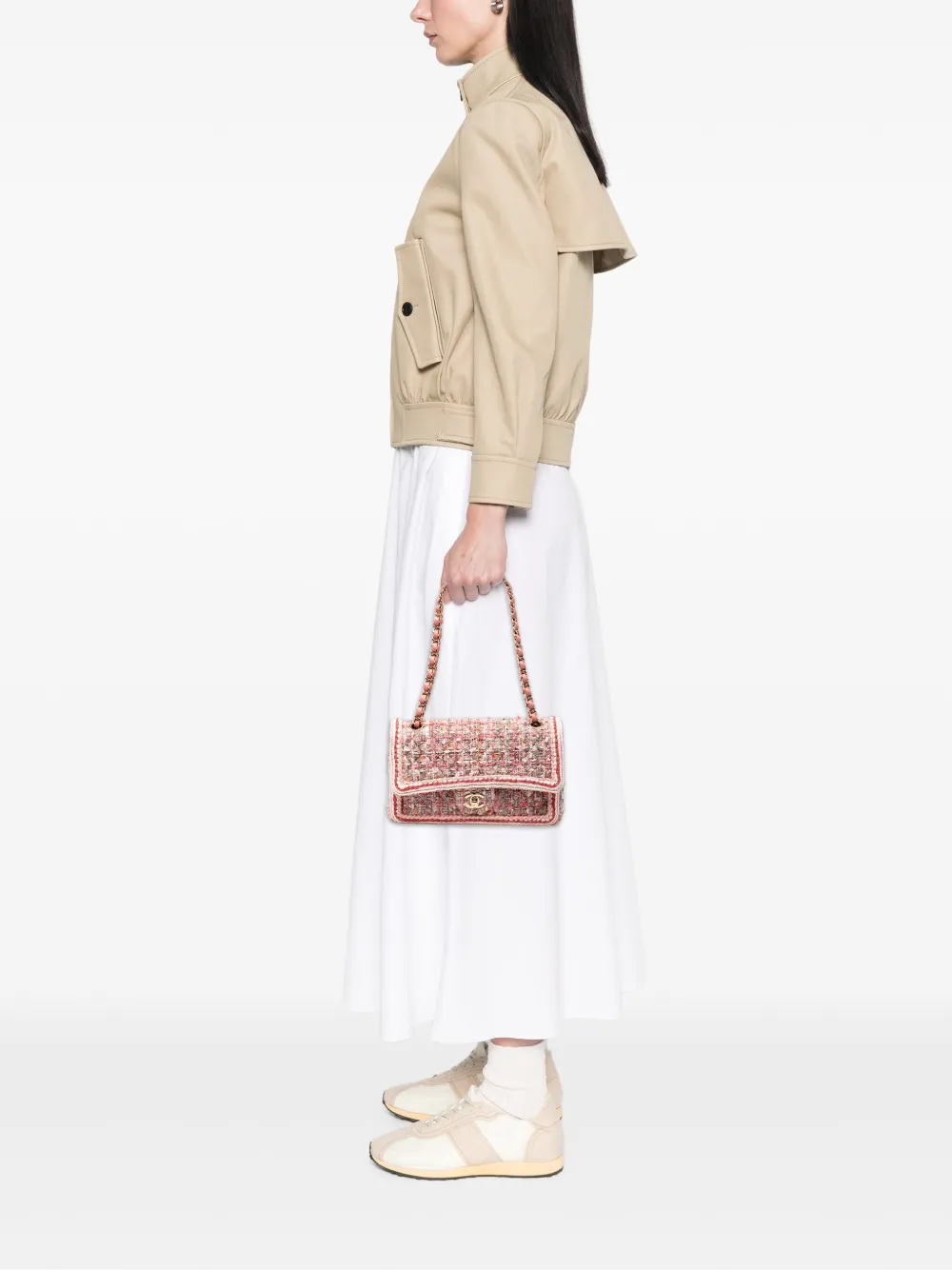 Pre-owned Chanel 2019 Medium Classic Quilted Tweed Braided Double Flap Shoulder Bag In Pink