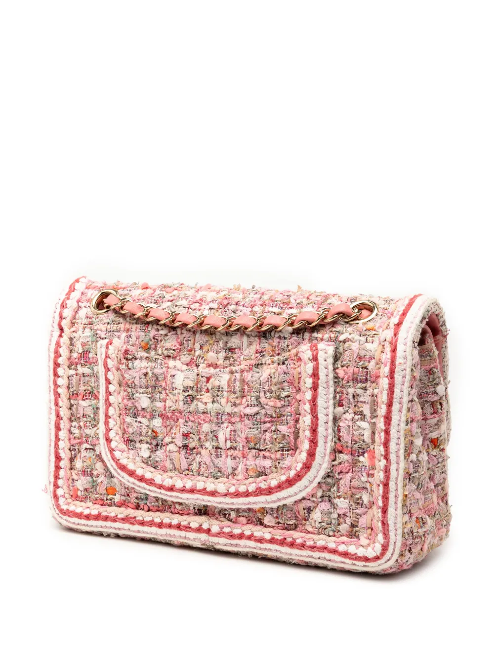 Pre-owned Chanel 2019 Medium Classic Quilted Tweed Braided Double Flap Shoulder Bag In Pink