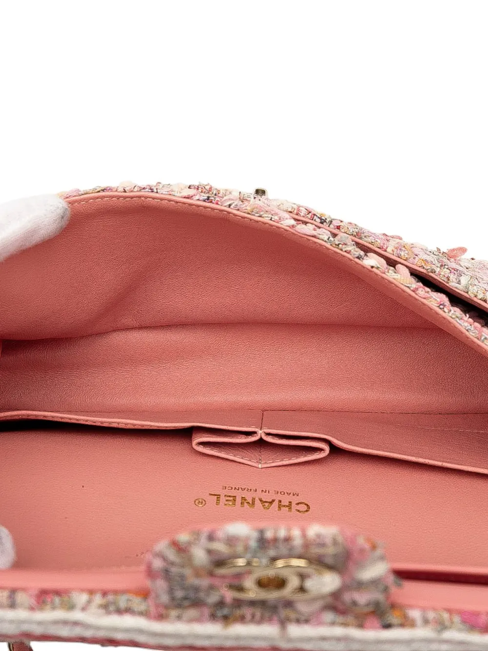 Pre-owned Chanel 2019 Medium Classic Quilted Tweed Braided Double Flap Shoulder Bag In Pink