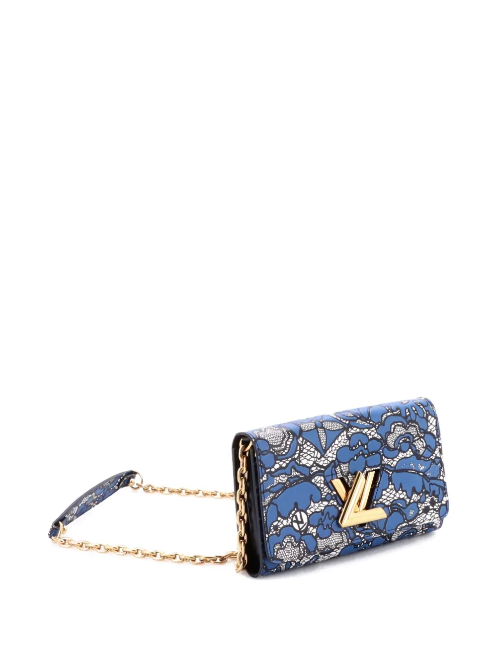 Pre-owned Louis Vuitton Twist Chain Wallet Lace Embossed Leather Crossbody Bag In Blue