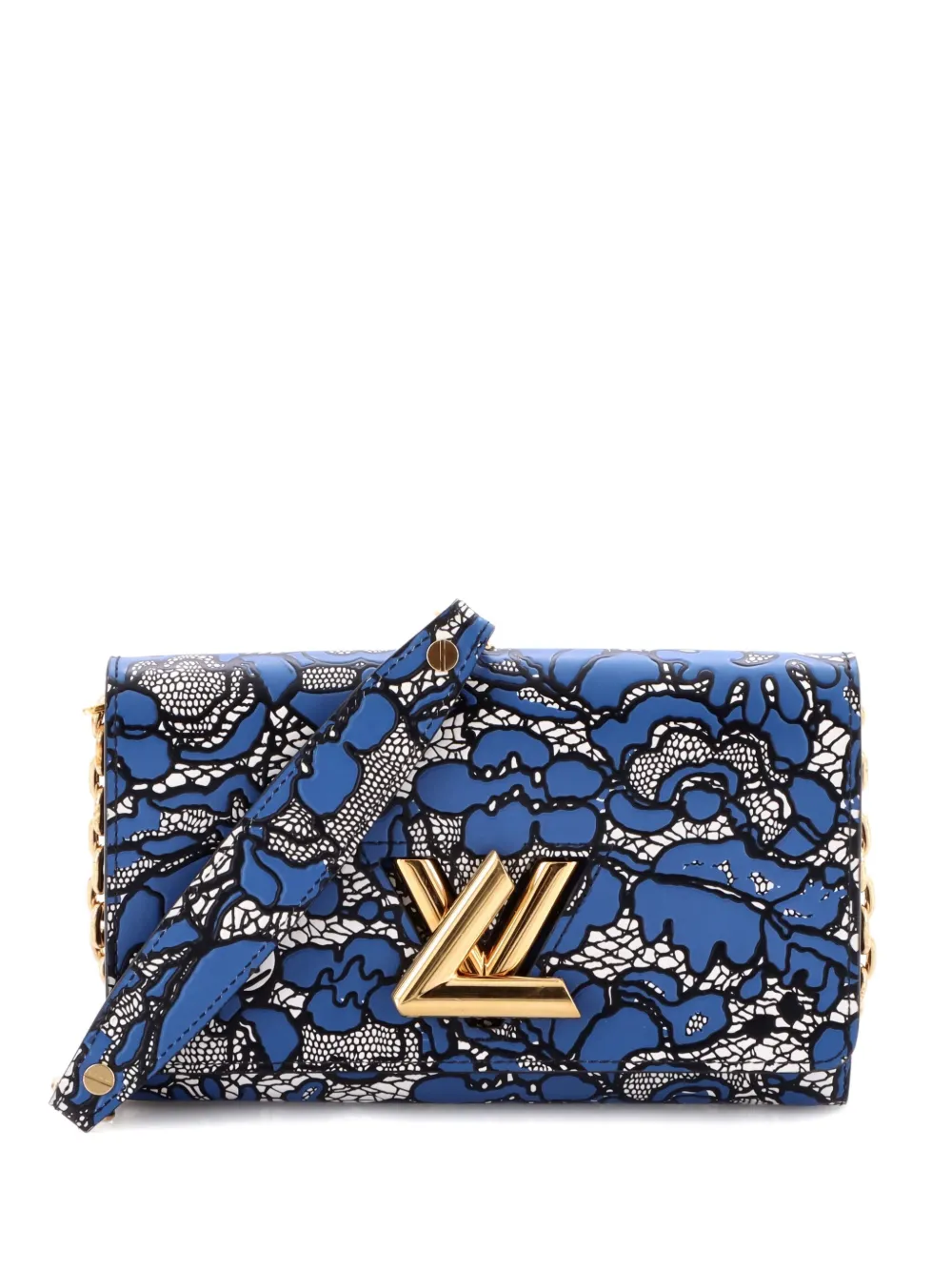 Pre-owned Louis Vuitton Twist Chain Wallet Lace Embossed Leather Crossbody Bag In Blue