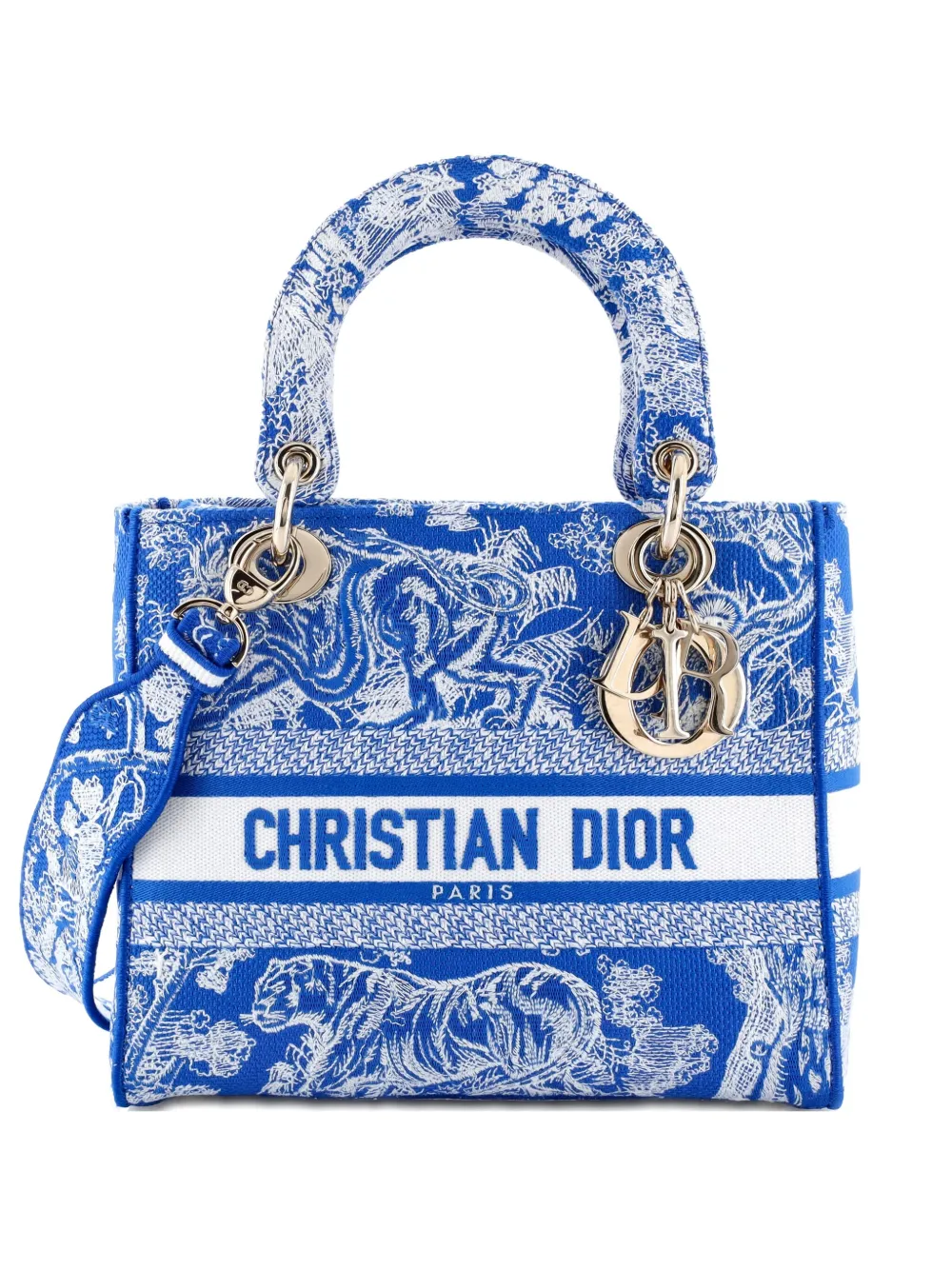 Pre-owned Dior Toile De Jouy Lady D-lite Bag Embroidered Canvas Tote Bag In Blue