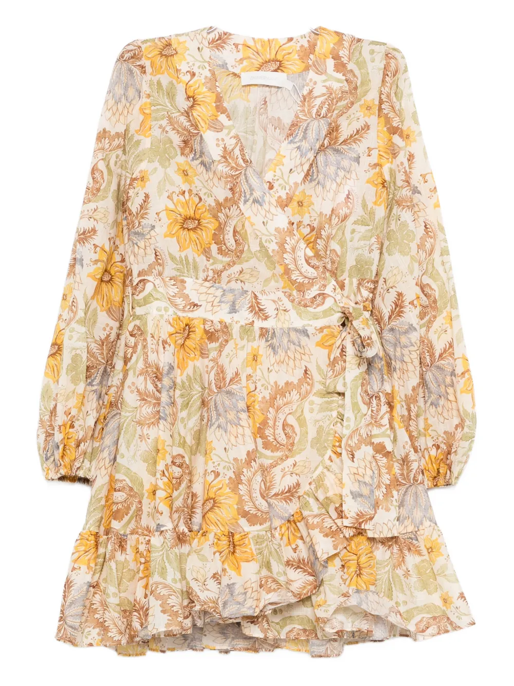 ZIMMERMANN ZIM DAYLIGHT MINI WRAP FRILL DRESS STAMP FLORAL CREAM - Toni neutri