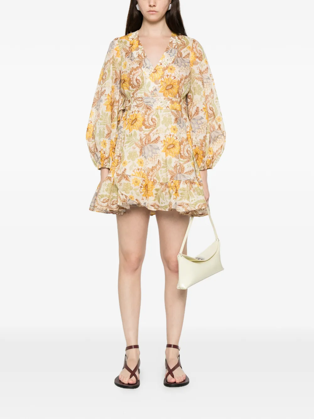 ZIMMERMANN ZIM DAYLIGHT MINI WRAP FRILL DRESS STAMP FLORAL CREAM - Beige