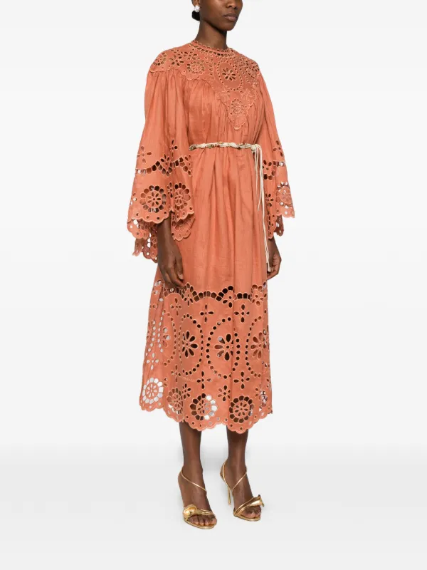 zimmermann orange dress Natura Metallic Scoop Dress, Peach, Size 0 ruched bodice that creates a striking texture ZIMMERMANN Tranquillity Mini Dress |