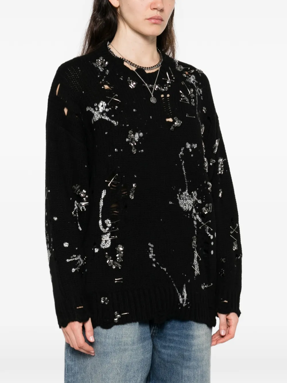 Distressed Crystals Pin Sweater