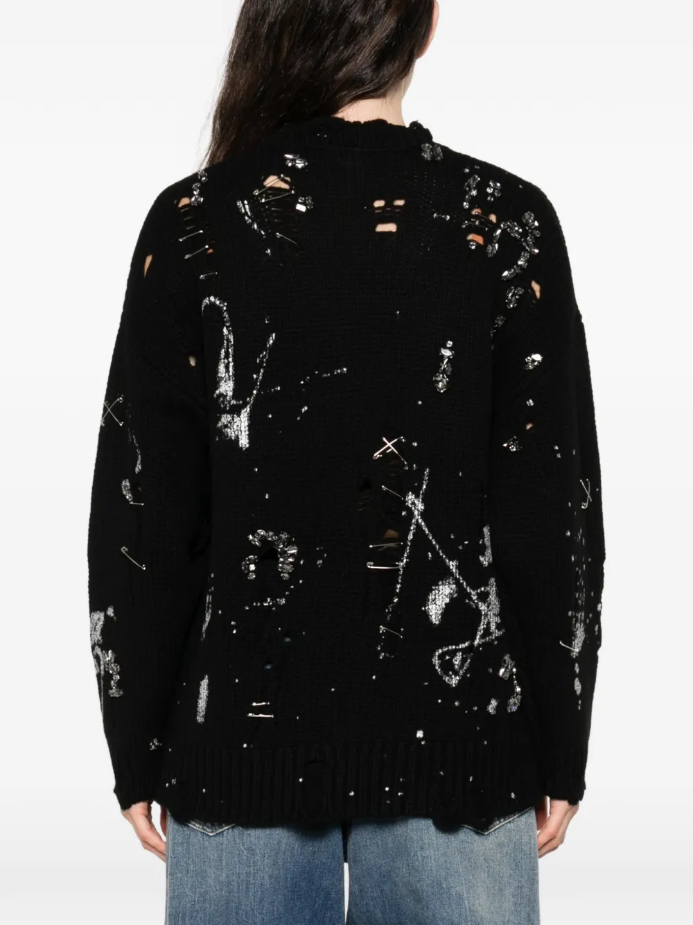 Distressed Crystals Pin Sweater