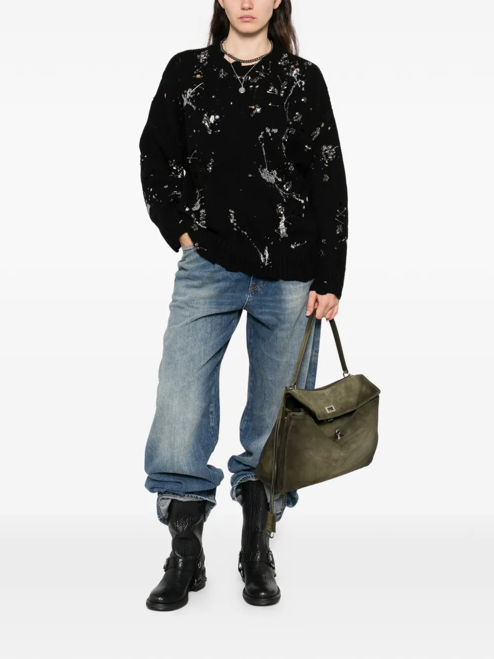 Distressed Crystals Pin Sweater