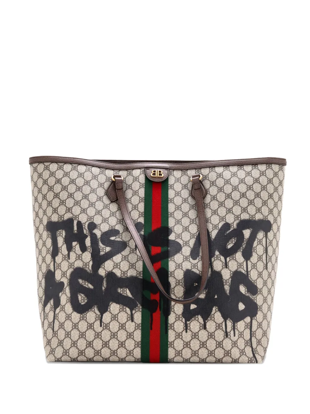 Pre-owned Balenciaga X Gucci The Hacker Project Graffiti Bb Coated Canvas Large Tote Bag In Neutral