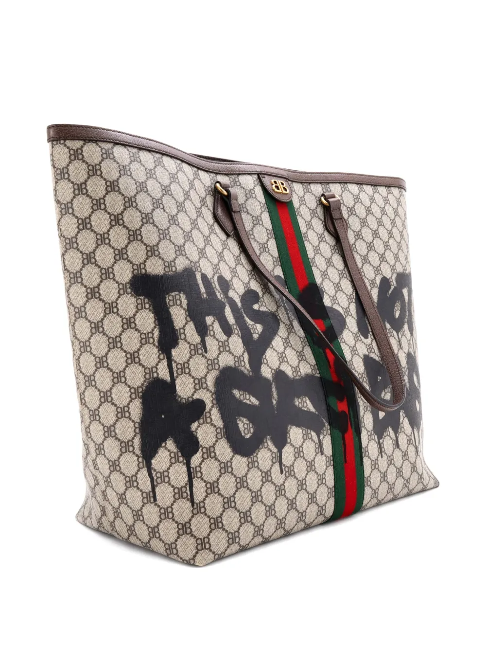 Pre-owned Balenciaga X Gucci The Hacker Project Graffiti Bb Coated Canvas Large Tote Bag In Neutral