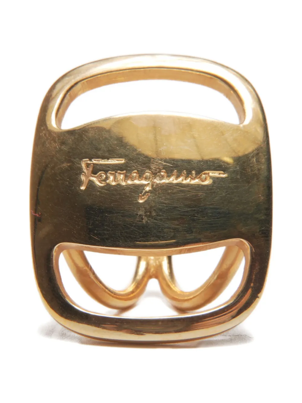 Pre-owned Ferragamo 2000s Logo Scarf Ring In Gold