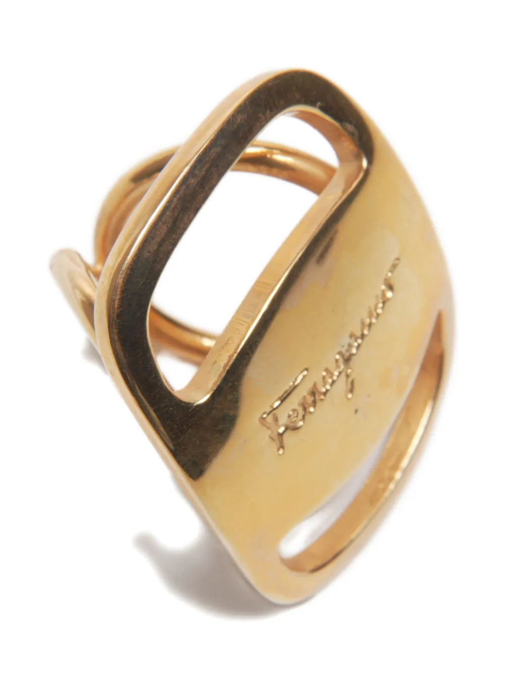 Pre-owned Ferragamo 2000s Logo Scarf Ring In Gold