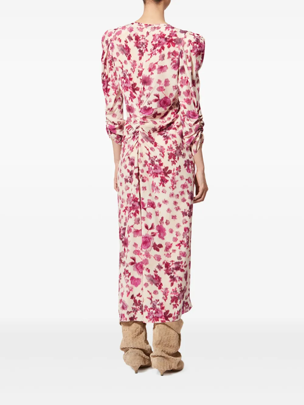 ISABEL MARANT Albini midi-jurk met bloemenprint en ruches Beige
