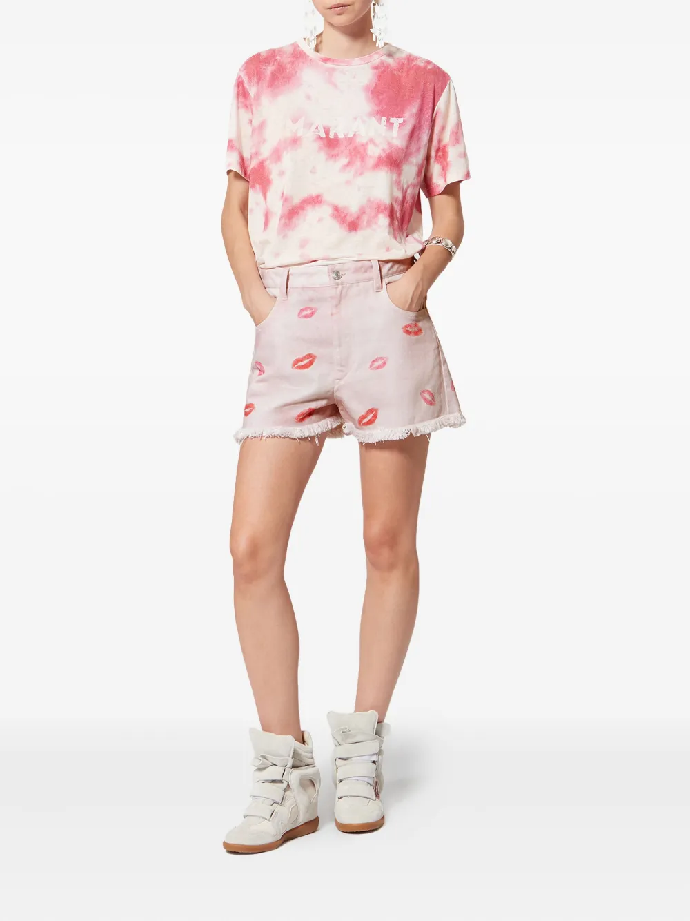  Marant étoile Lesia Fringed-hem Lips-print Shorts - Pink 