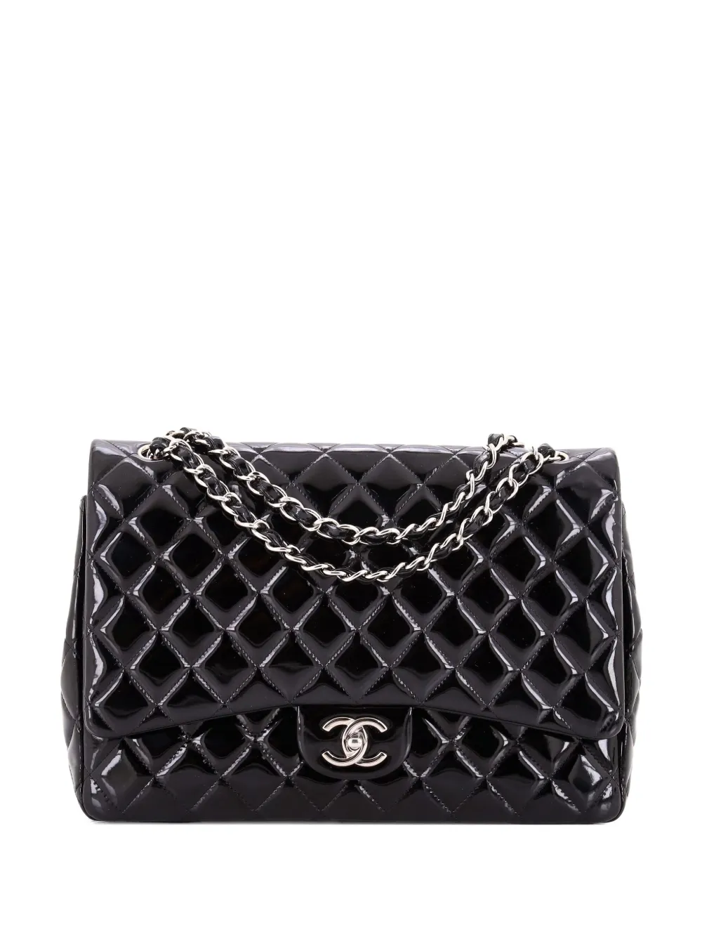Pre-owned Chanel Classic Double Flap Bag Quilted Patent Maxi Shoulder Bag In Black
