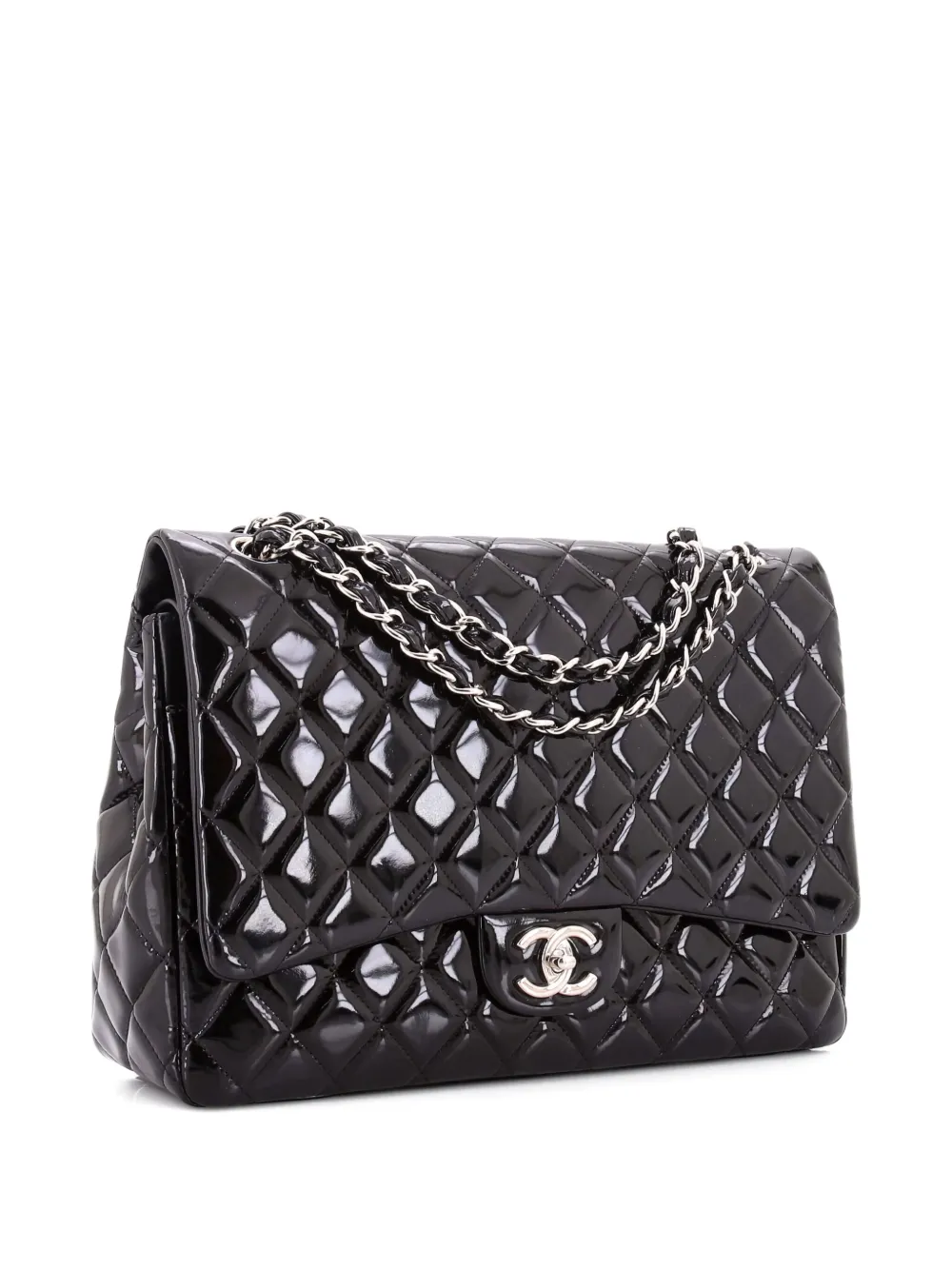 Pre-owned Chanel Classic Double Flap Bag Quilted Patent Maxi Shoulder Bag In Black