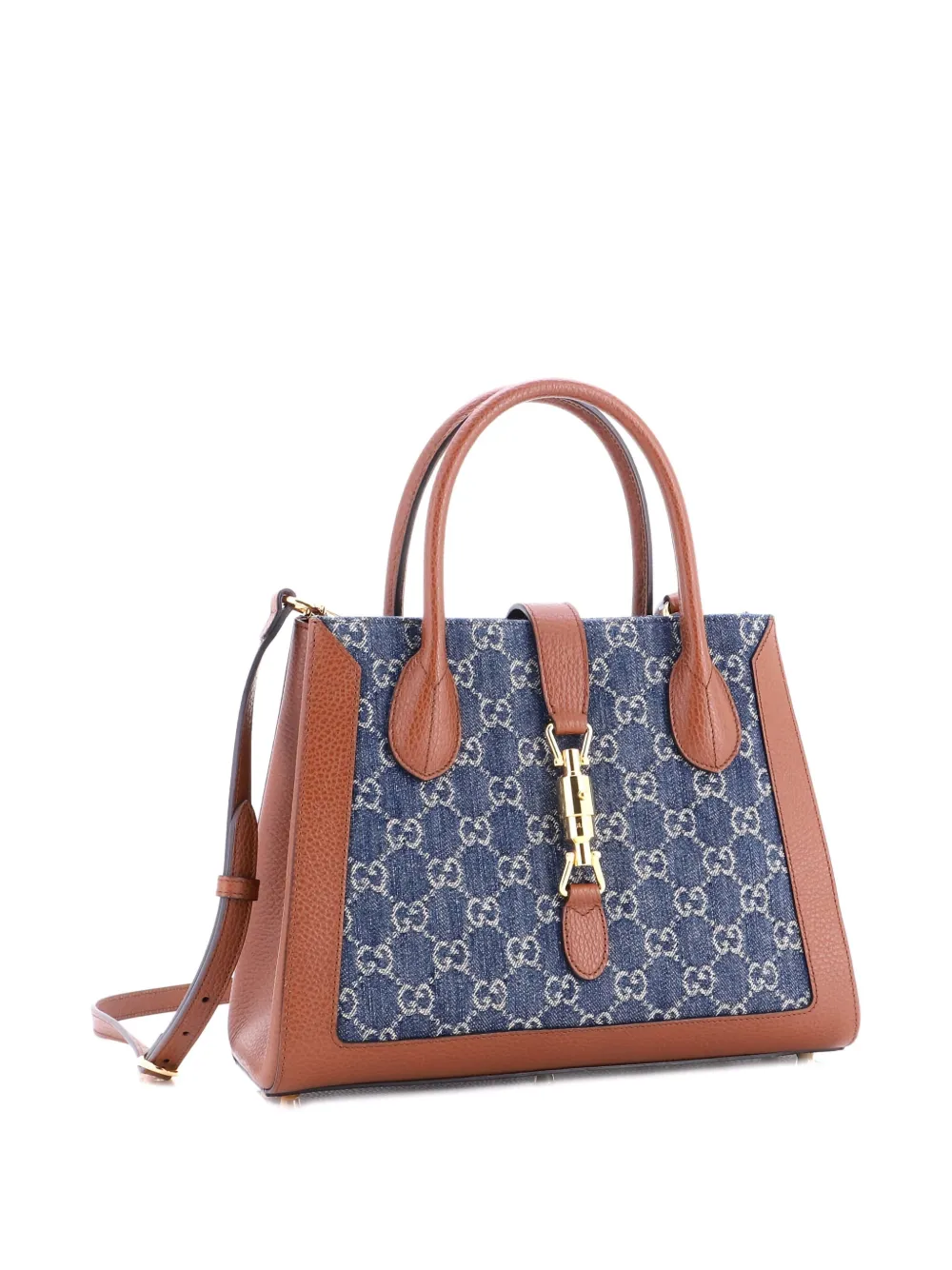 Pre-owned Gucci Jackie 1961 Gg Denim And Leather Medium Tote Bag In Blue