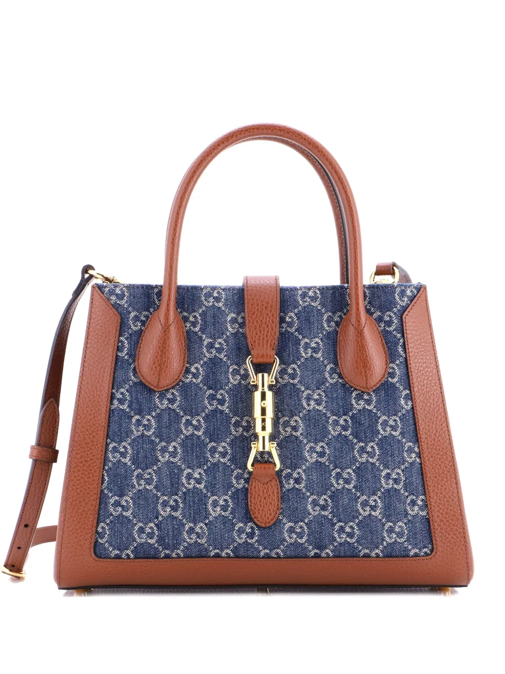 Pre-owned Gucci Jackie 1961 Gg Denim And Leather Medium Tote Bag In Blue