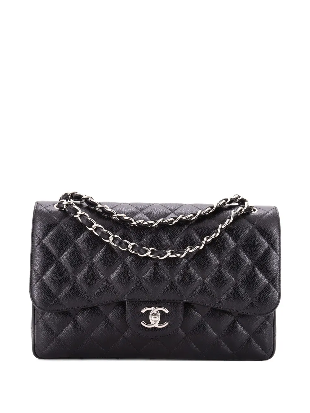 Pre-owned Chanel Classic Double Flap Bag Quilted Caviar Jumbo Shoulder Bag In Black