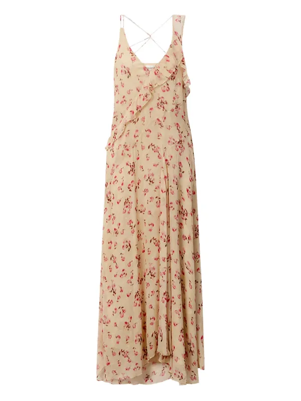 Marant Étoile Luxie Long Printed Muslin Dress with Thin Straps in Neutrals