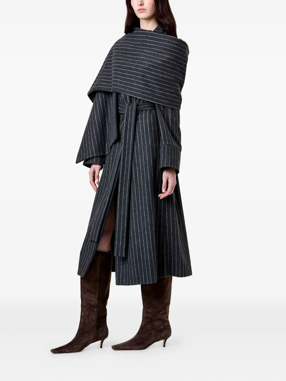  Nicholas Candice Pinstripe Belted Coat - Grey 